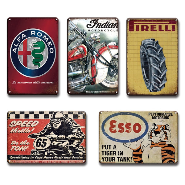 Vintage Gas Station and Motorcycle Sign Tins